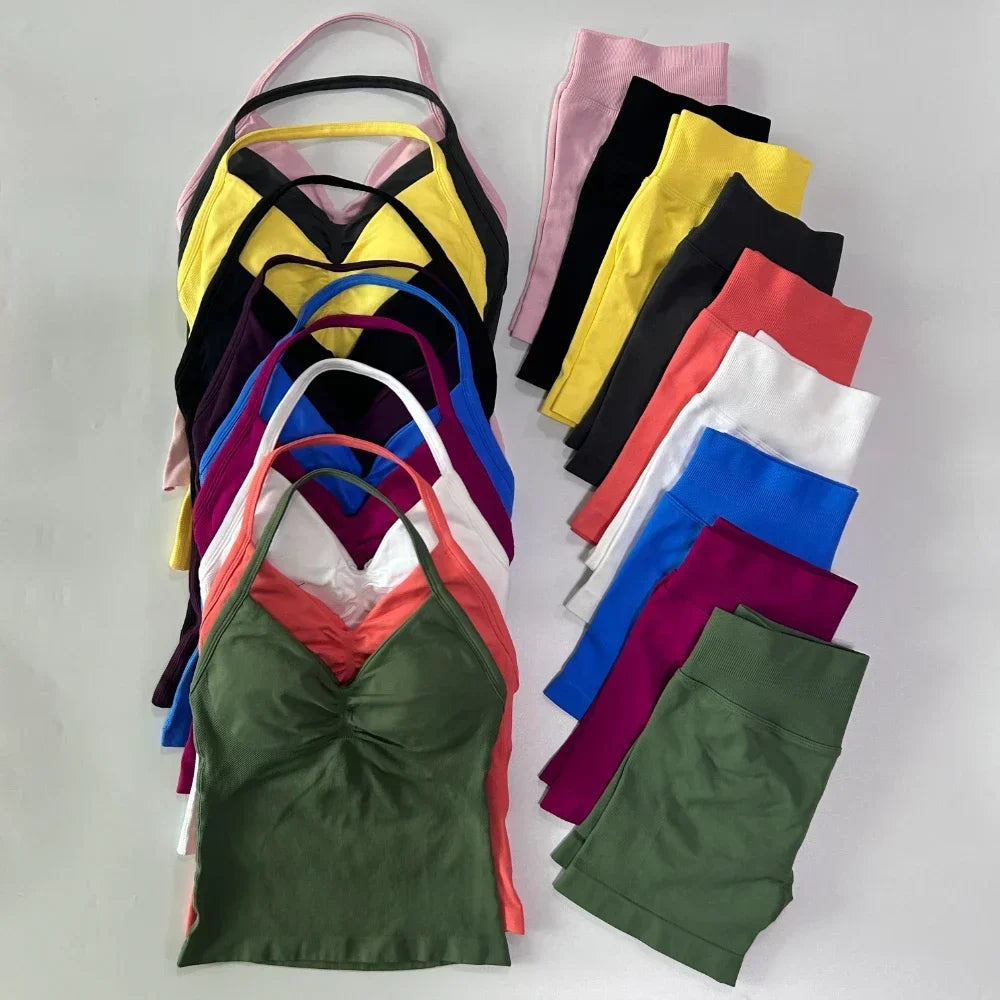 2 Pieces Sports Set Women Backless Tank Tops High Waist Scrunch