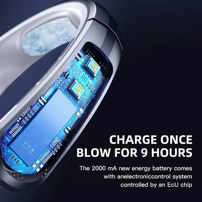 8000mAh Hanging Neck Fan Portable Bladeless USB Rechargeable Mute LED