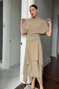 Fashion Elegant Casual Top Skirt Sets High Neck Loose Crop Shirt