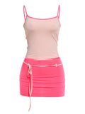 Kliou Contrast Patchwork 2 Piece Set Woman Summer Trend Low-Neck