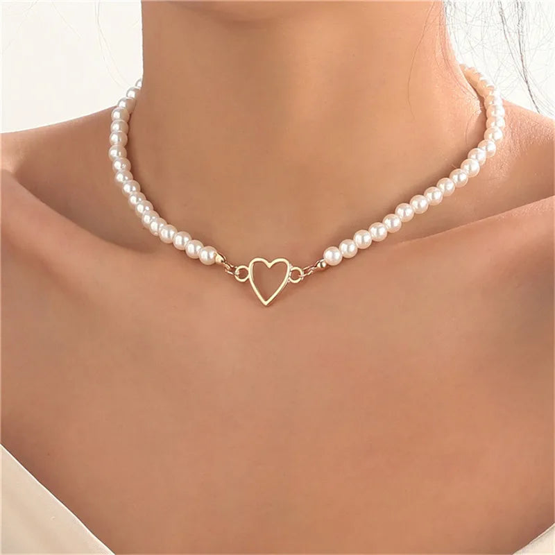 Trendy Love Heart Pearl Choker Necklace Female Personality Party