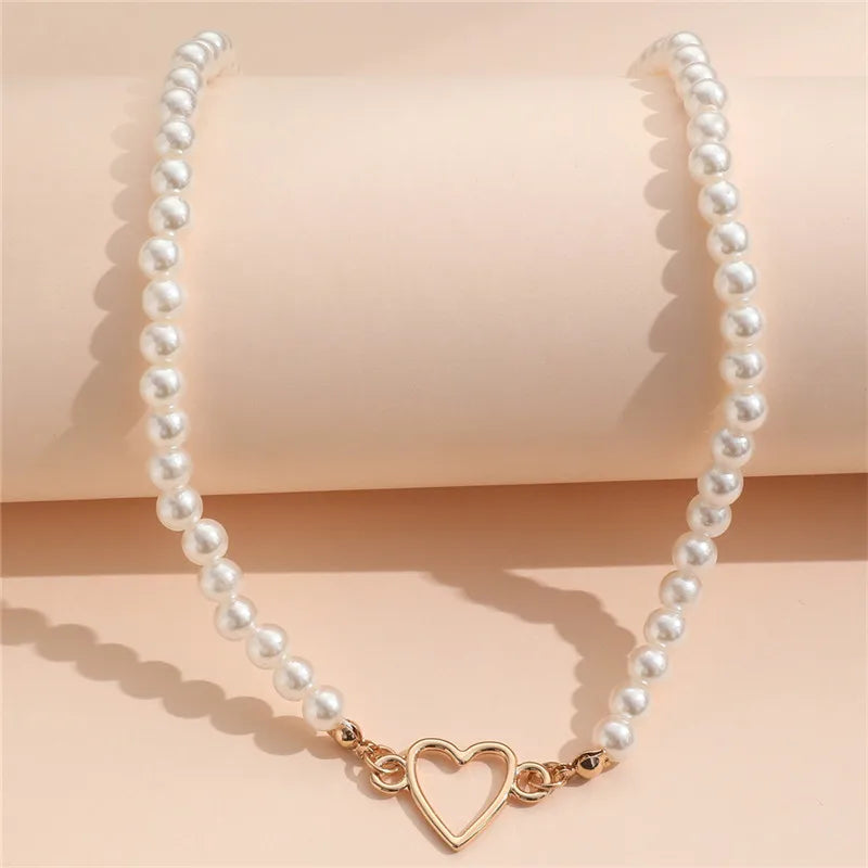 Trendy Love Heart Pearl Choker Necklace Female Personality Party