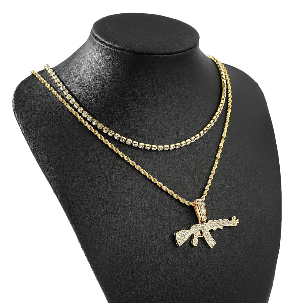 Fashion Punk Hip-Hop Submachine Gun Pendant Necklace Silver Gold Tone