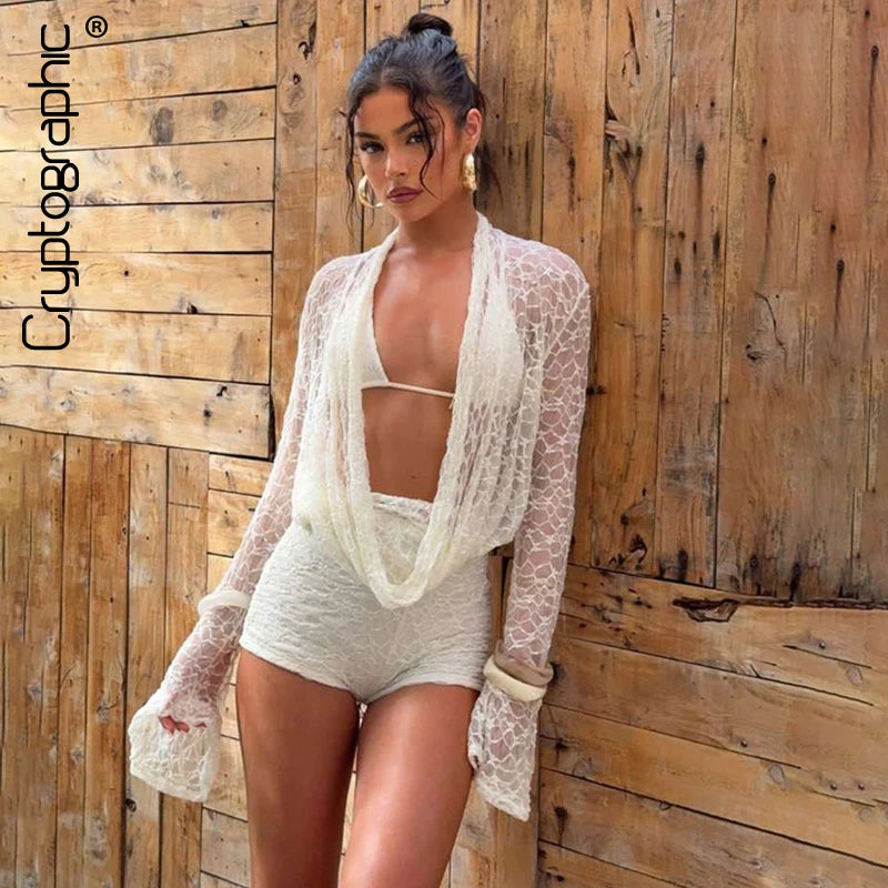 Cryptographic Fashion Halter Draped 3 Piece Sets Beach Outfits Hollow