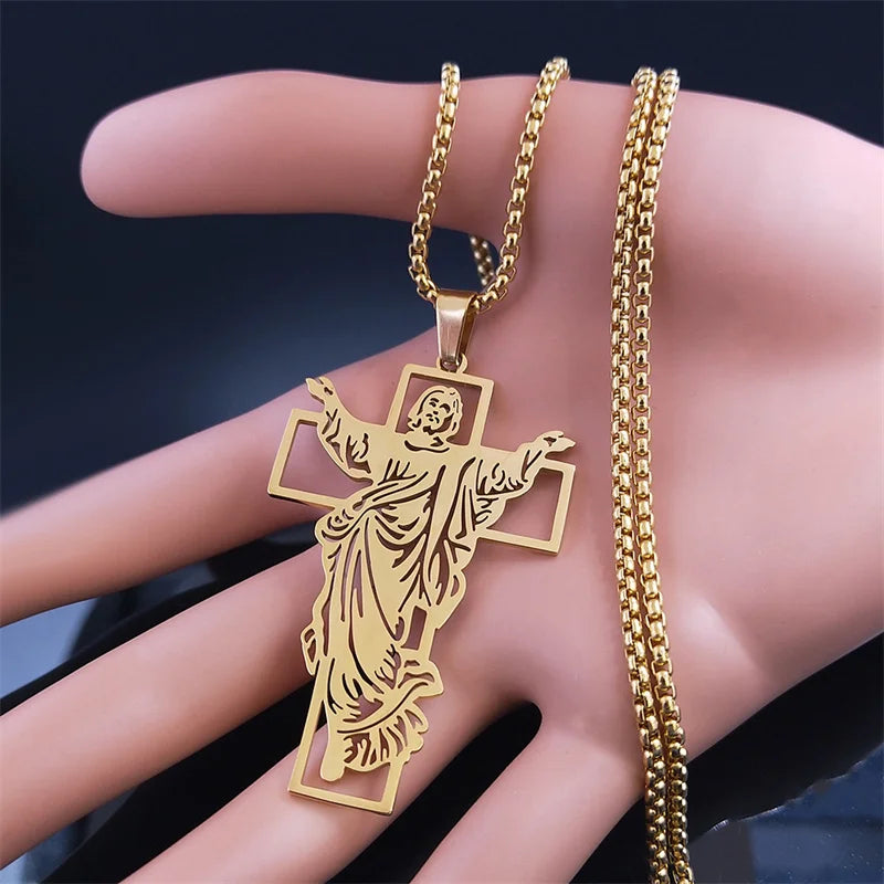 Jesus Cross Stainless Steel Pendant Necklace Gold Color for Women/Men