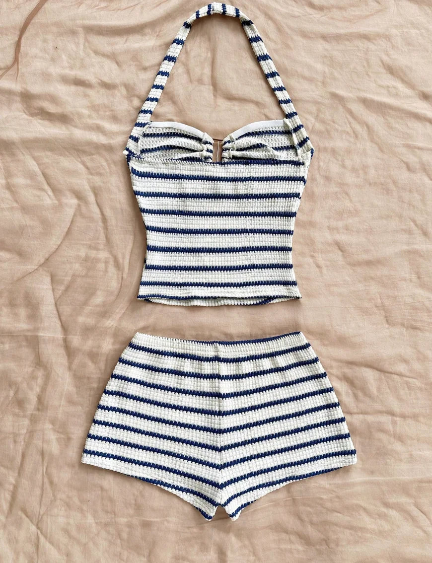 Summer Textured Knit Halter Top Shorts Two Piece Outfit, Classic