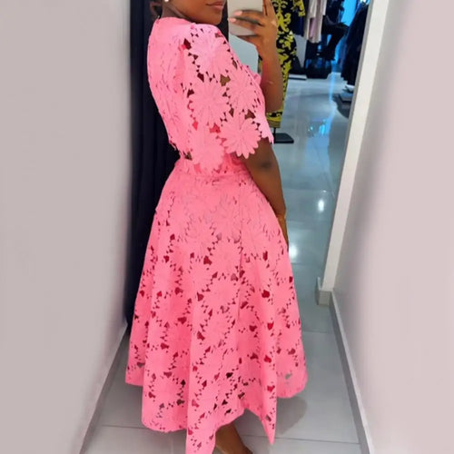 Elegant Hollow Out Women's Long Dresses Short Sleeves Embroidery Dress