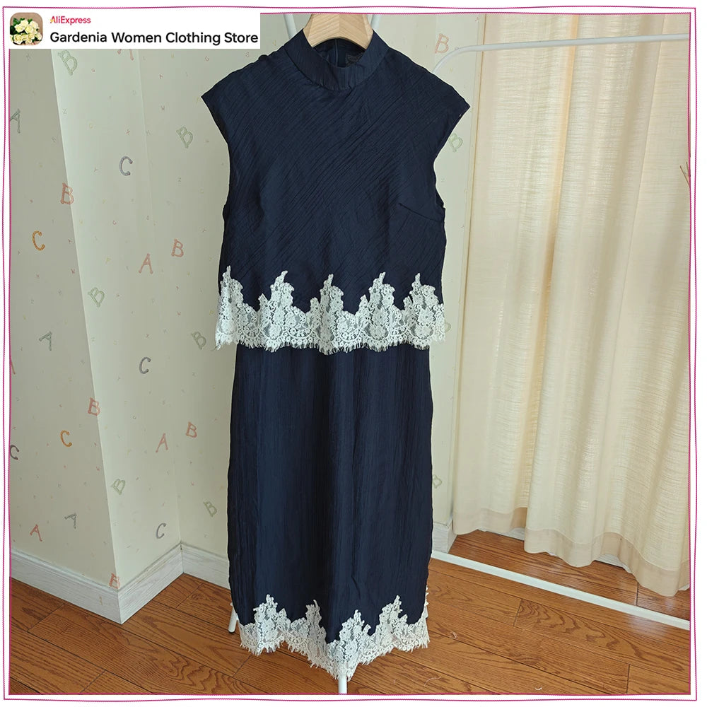 Elegant Women Lace Trim Skirt Sets Summer Co-ord Set High-Neck