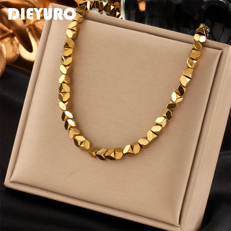 DIEYURO 316L Stainless Steel Gold Color Geometric Overlay Necklace For