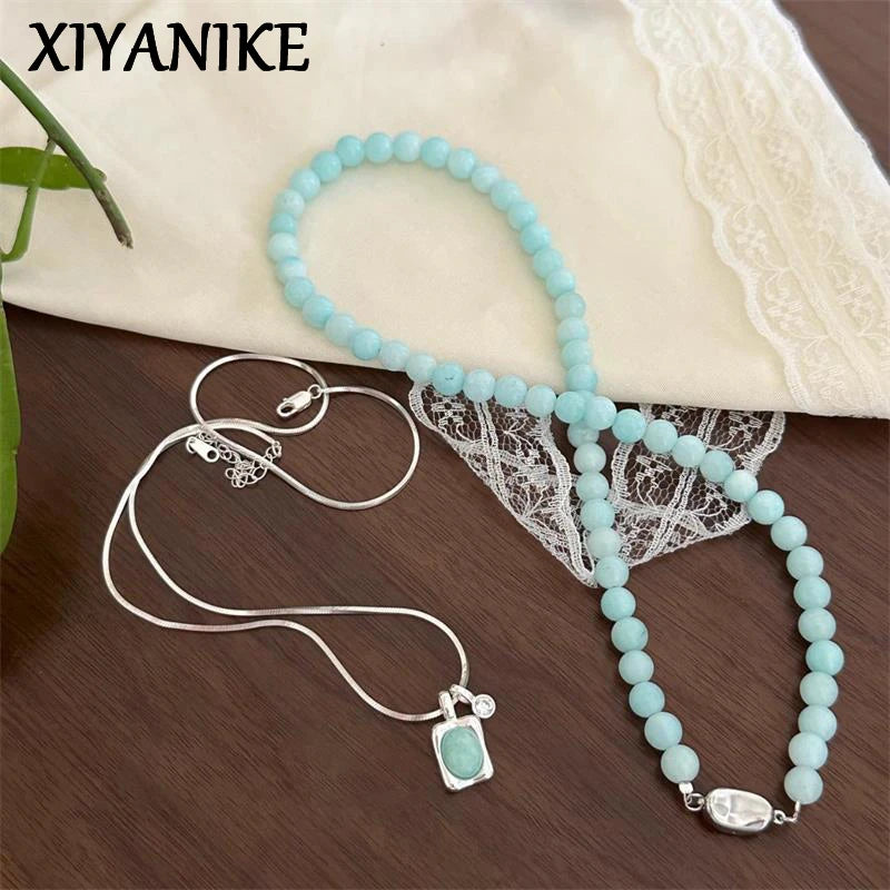 XIYANIKE Sweet Green Stone Necklace For Women Girl Fashion New Jewelry