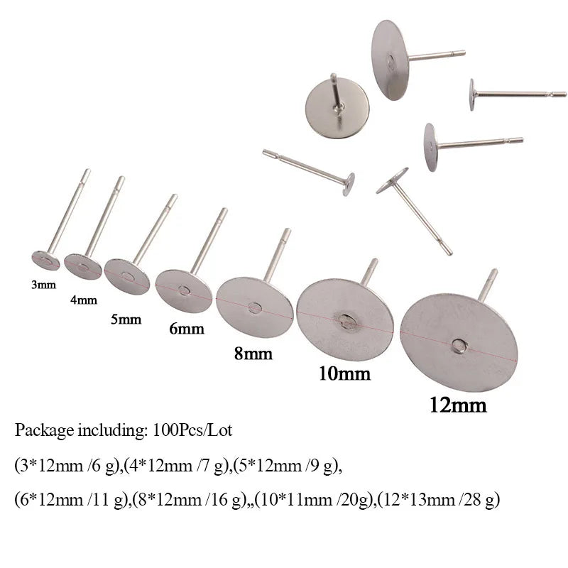100pcs Gold Stainless Steel 3-8mm Flat Head Stud Earrings DIY Round