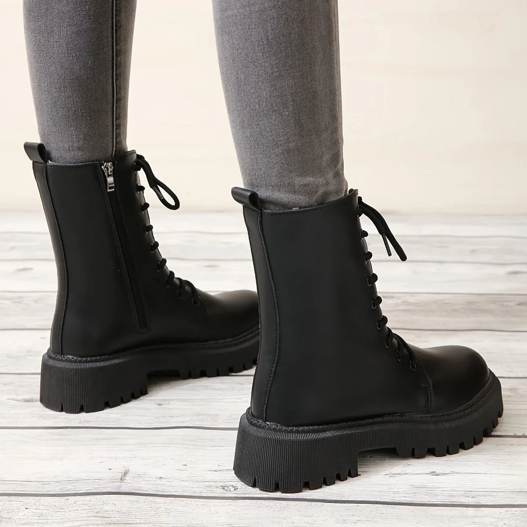 Women's Solid Color Combat Boots Fashion Lace Up Side Zipper Boots