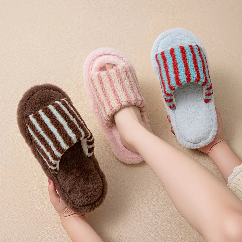 Autumn and Winter New Striped Contrast Open Women's Cotton Slippers