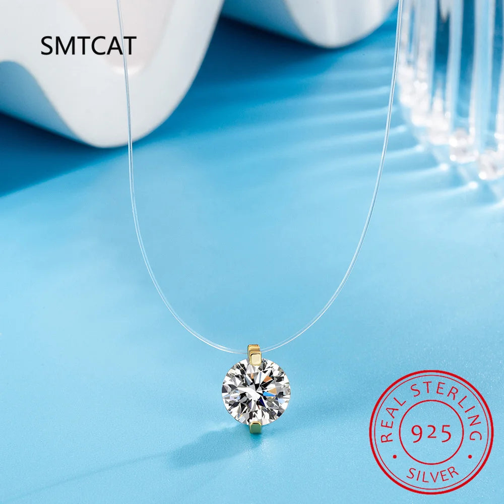 925 Silver Invisible Chain Pendant Necklace Rhinestone Choker de Prata