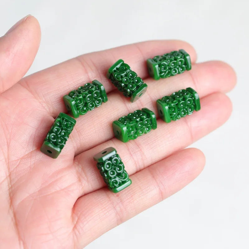 3pc Natural A Green Jade Dry Cyan Carving Beads DIY Bracelet Bangle