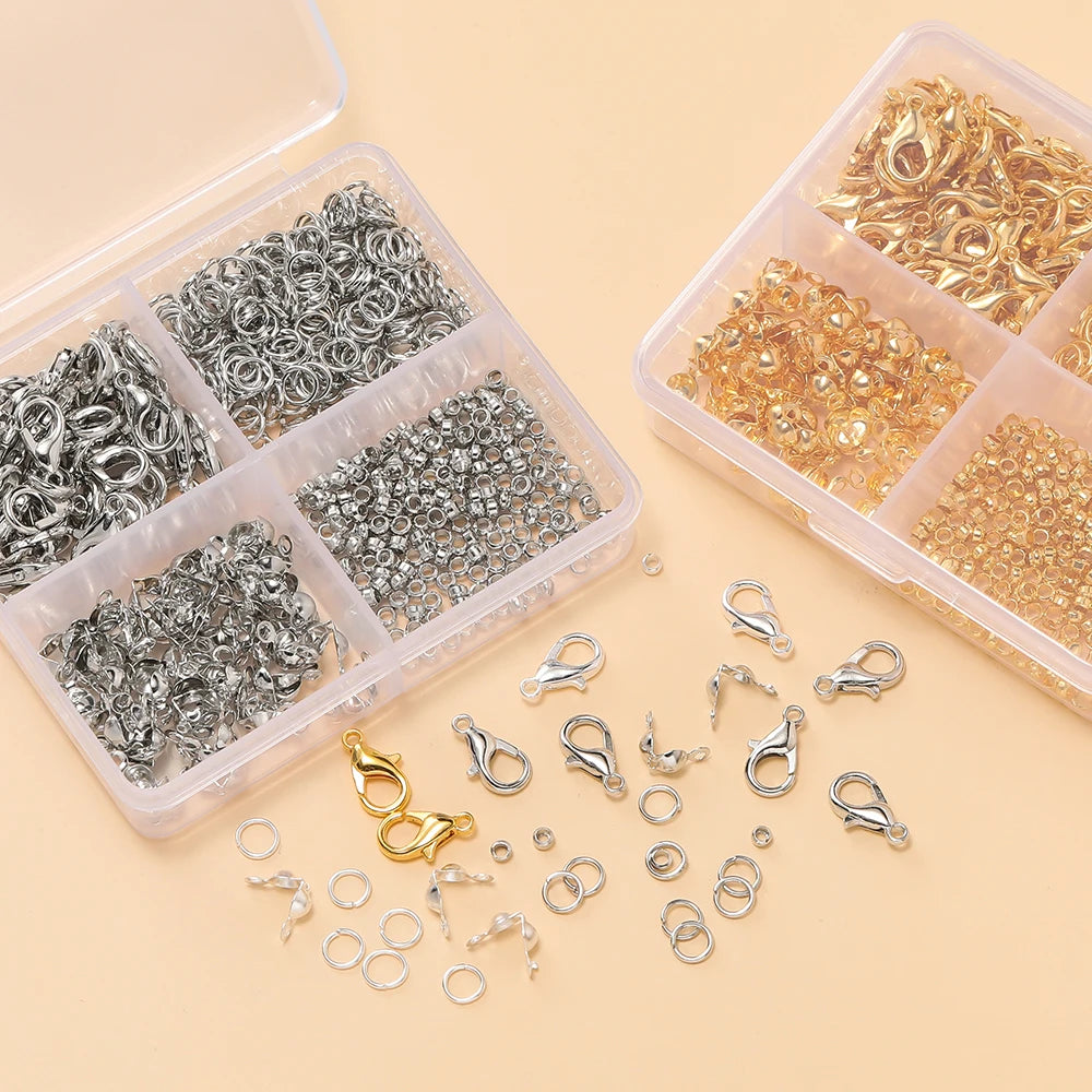 4Grids/Box Lobster Clasp Jump Rings Ball Chain Calotte End Crimps
