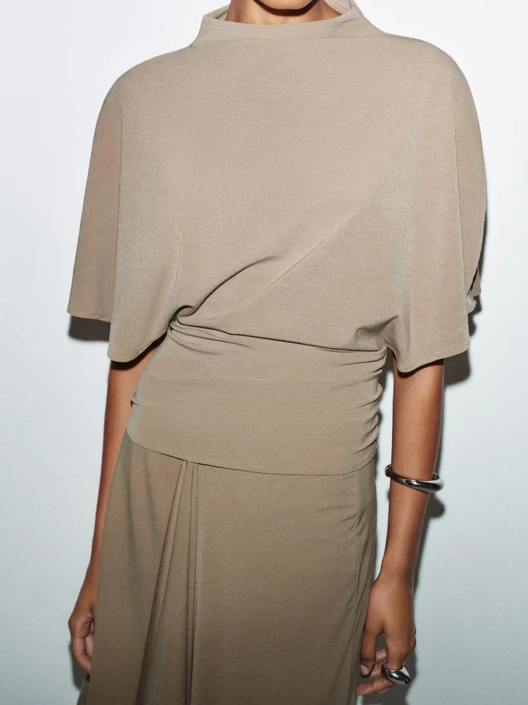Fashion Elegant Casual Top Skirt Sets High Neck Loose Crop Shirt