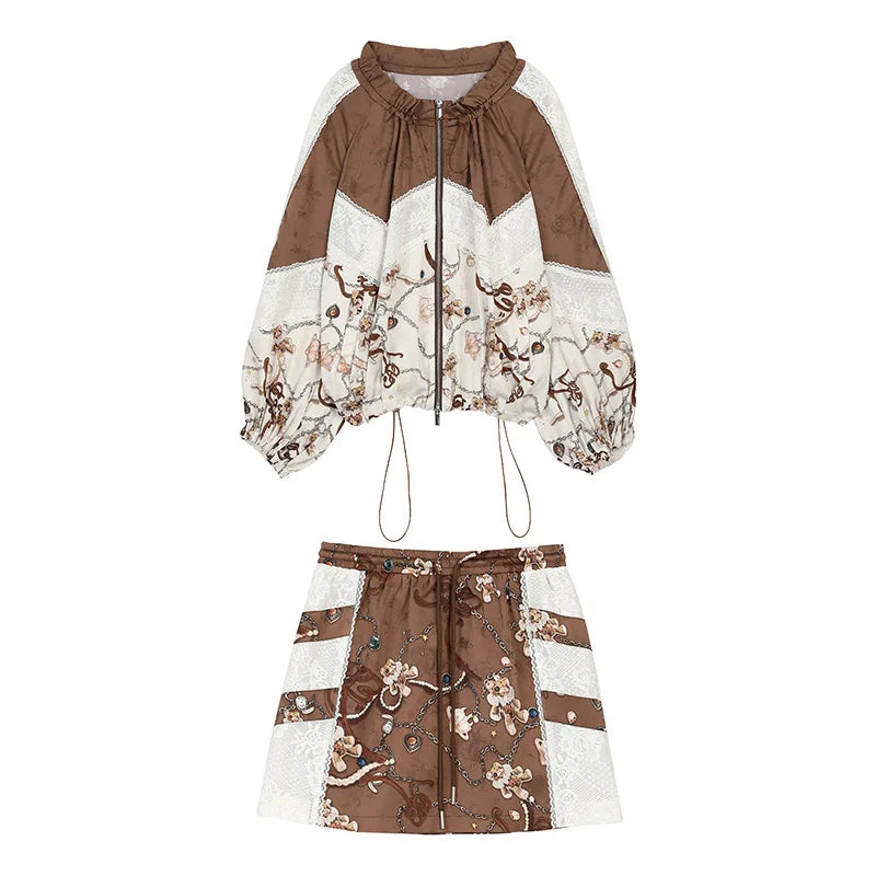 ELFSACK Women's Cute Skirt Set with Vintage Print, Casual Loose Two