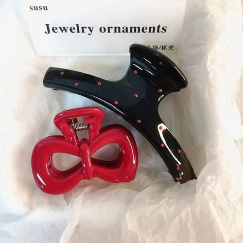 2Pcs/Set Vintage Blue Polka Dot Red Bow Hair Clip Shark Claw Clamp