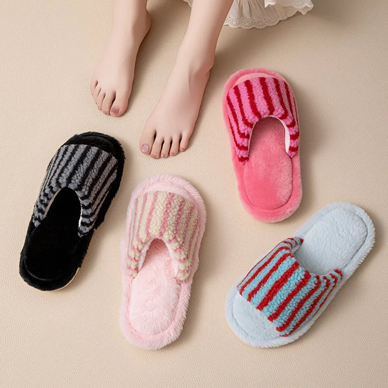 Autumn and Winter New Striped Contrast Open Women's Cotton Slippers
