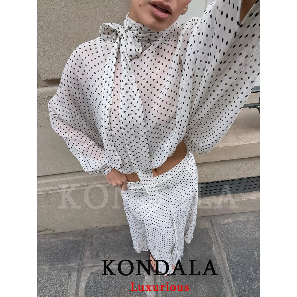KONDALA Vintage Polka Dot Women Sets Chiffon Bow Tie Loose Blouses