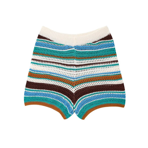 Women Patchwork Striped Hollow Out Crochet Knitted Crop Sweater Shorts