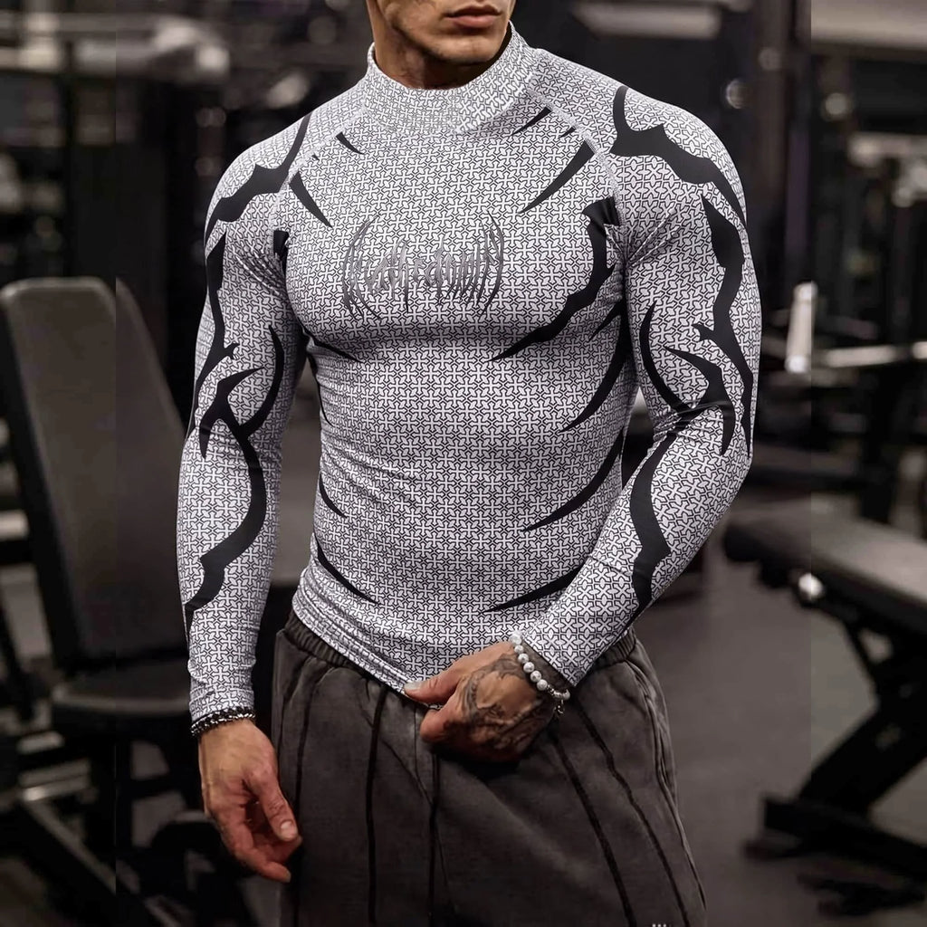 Men Mock Neck Fitness Long Sleeve Top Geometric Texture Jagged Gothic