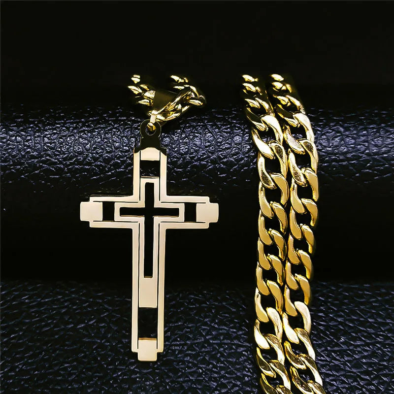2026 Hip Hop Cross Stainless Steel Chain Necklaces Gold Color Long