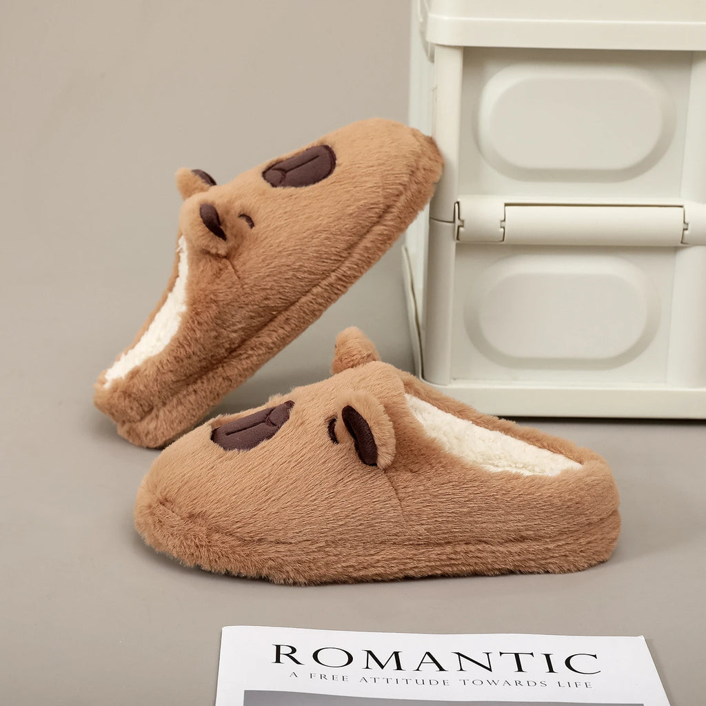 A Pair of Brown Plush Capybara Animal-Patterned Furry Home Slippers