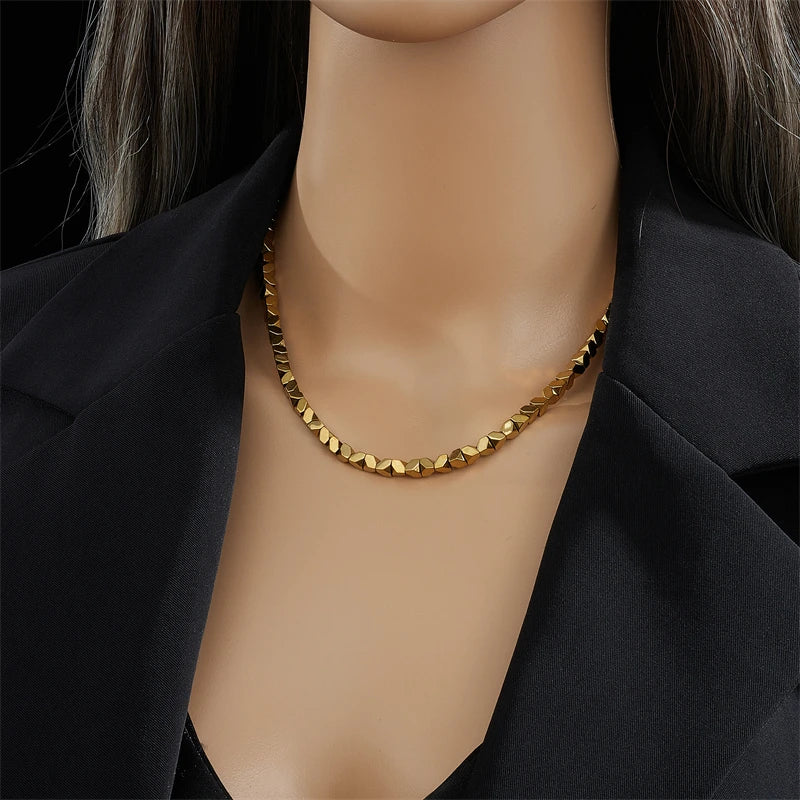 DIEYURO 316L Stainless Steel Gold Color Geometric Overlay Necklace For