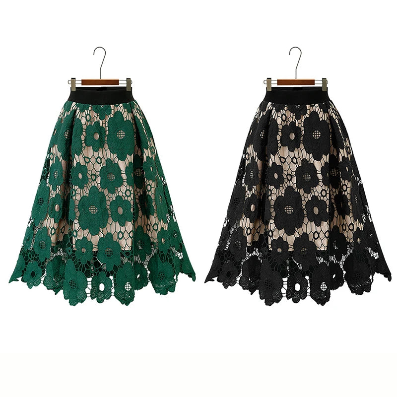 Summer Boho Lace Skirts Women Vintage Mesh Hollow Out Plus Size Skirt