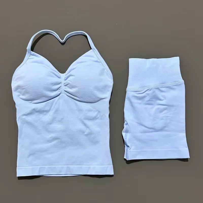 HISTELLO 2 Pieces Sports Set Women Yoga Longline Strap Top Scrunch