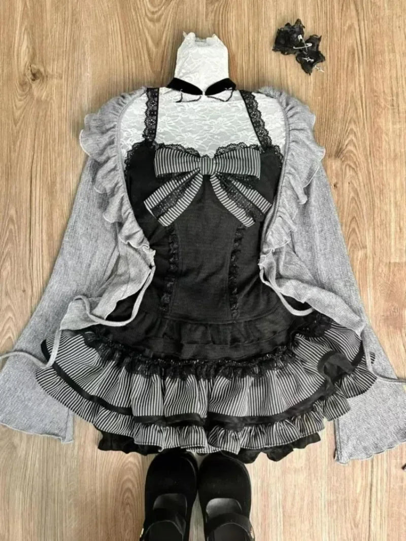 Sweet Lolita Early Autumn Three Piece Set Lace up Ruffles Cardigan