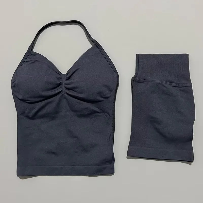 HISTELLO 2 Pieces Sports Set Women Yoga Longline Strap Top Scrunch