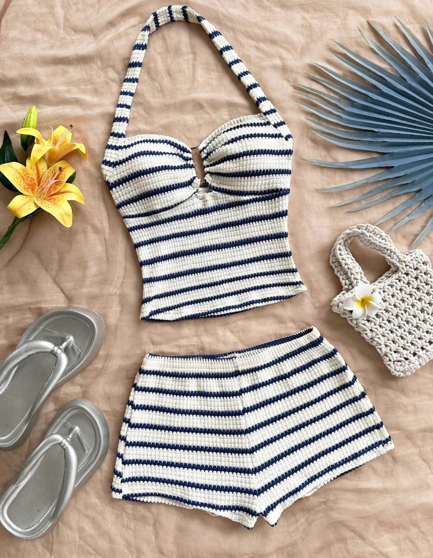 Summer Textured Knit Halter Top Shorts Two Piece Outfit, Classic