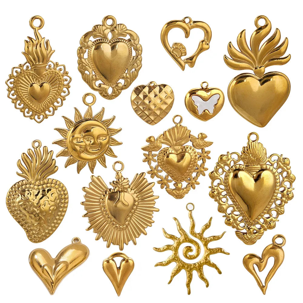 5pcs Stainless Steel Heart Sun Charms Connectors Gold-Plated PVD for