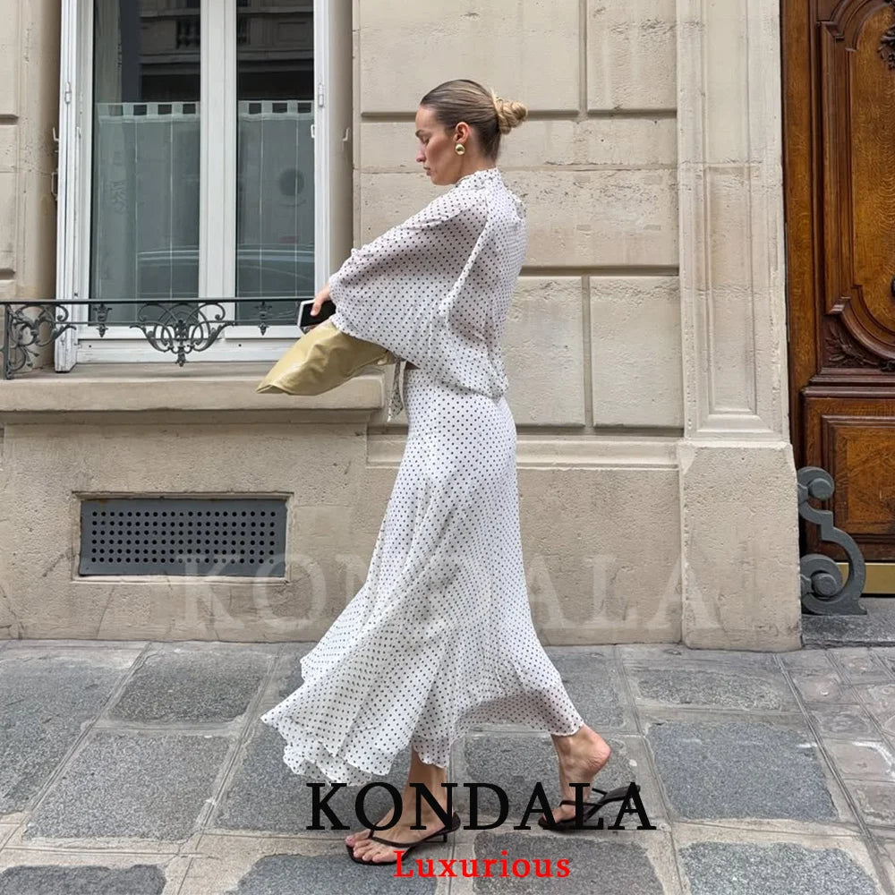 KONDALA Vintage Polka Dot Women Sets Chiffon Bow Tie Loose Blouses