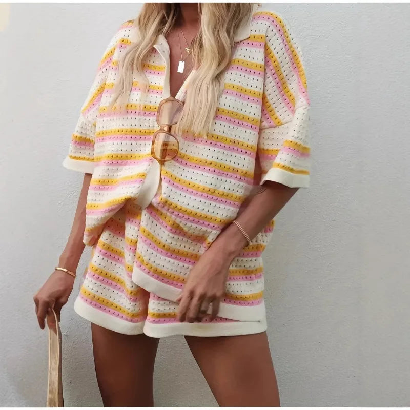 2025 Summer Women'S Hollow Striped Knitted 2 Pieces Set Short Sleeve