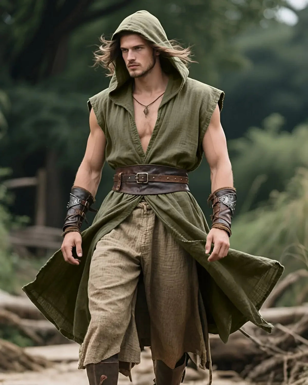 Men's Medieval Hooded Surcoat Renaissance Tabard Sleeveless Tunic
