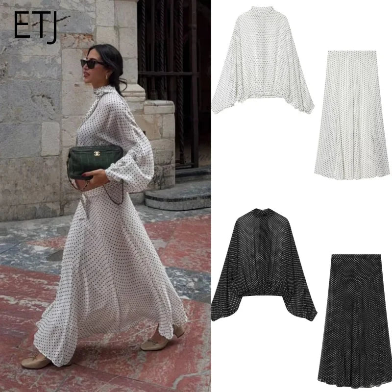 ETJ Women's Polka Dot Blouse Skirt Set 2026 Spring High Neck Batwing