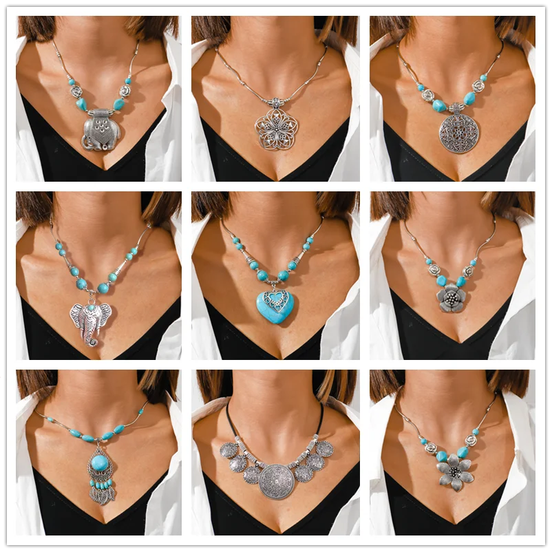Aihua Bohemia Turquoise Stone Necklace for Women Chokers Collier Femme