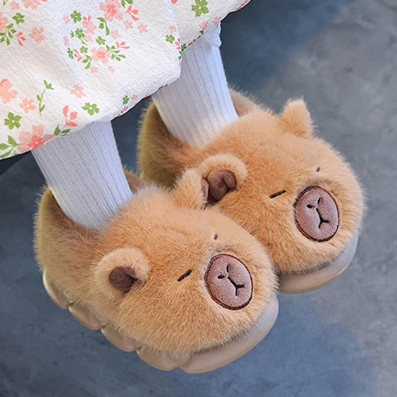 Capybara Winter Cotton Slippers Women New Fluffy Furry Cartoon House