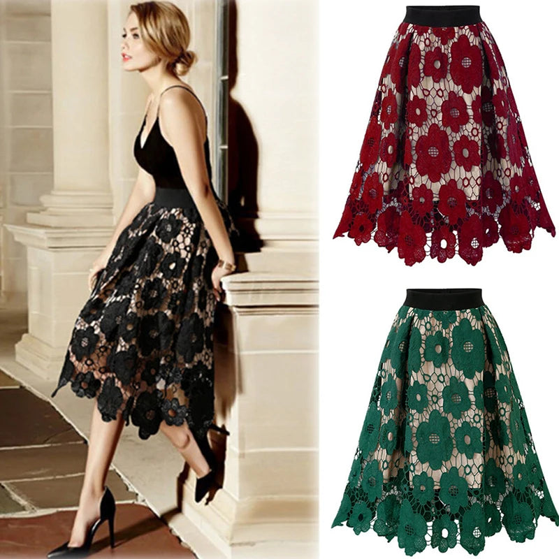 Summer Boho Lace Skirts Women Vintage Mesh Hollow Out Plus Size Skirt
