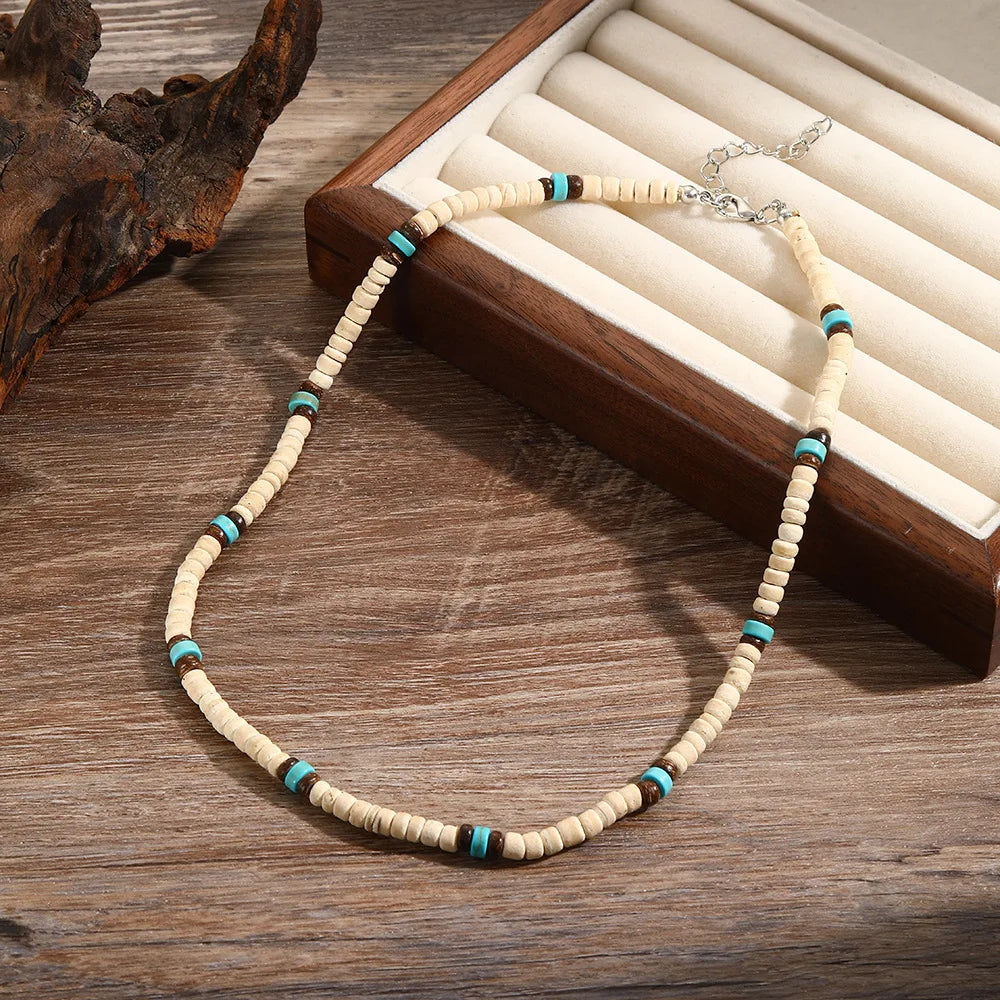 Noter Men Natural Coconut Beads Wooden Necklace 19 Inches Short Choker