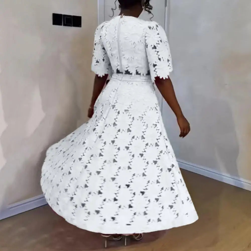 Elegant Hollow Out Women's Long Dresses Short Sleeves Embroidery Dress