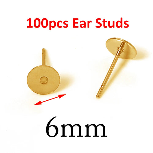 100pcs Gold Stainless Steel 3-8mm Flat Head Stud Earrings DIY Round