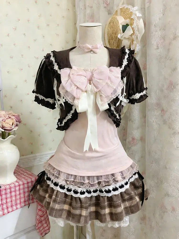 Japanese Kwaii Skirt Suit Women Casual Bow Top + Brown Lace Cardigan +