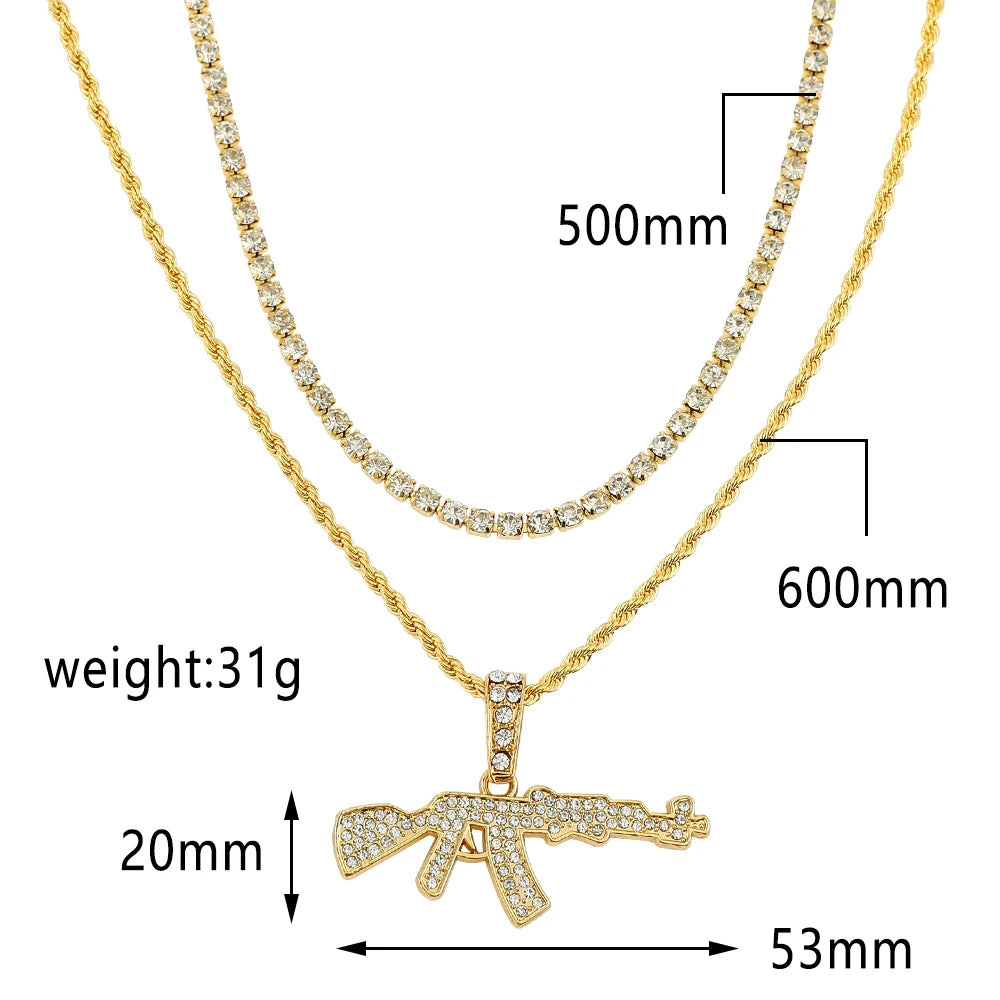 Fashion Punk Hip-Hop Submachine Gun Pendant Necklace Silver Gold Tone