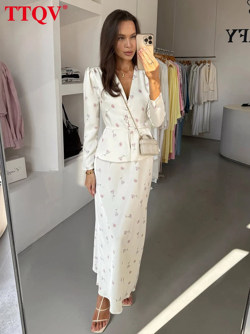 TTQV Fashion Slim Print Women's Two Pieces Set 2026 Elegant Long
