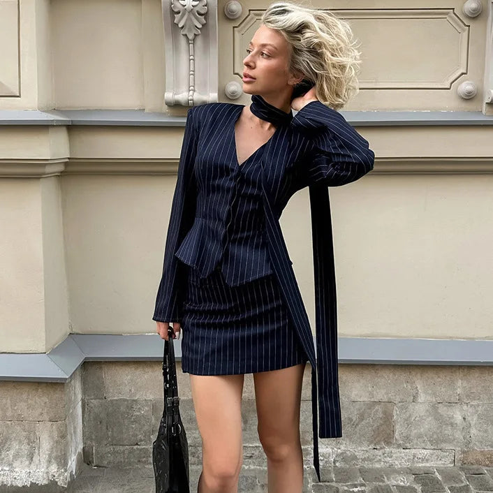 Women's Matching Sets 2026 Woman Navy Blue Striped V-neck Waist Small